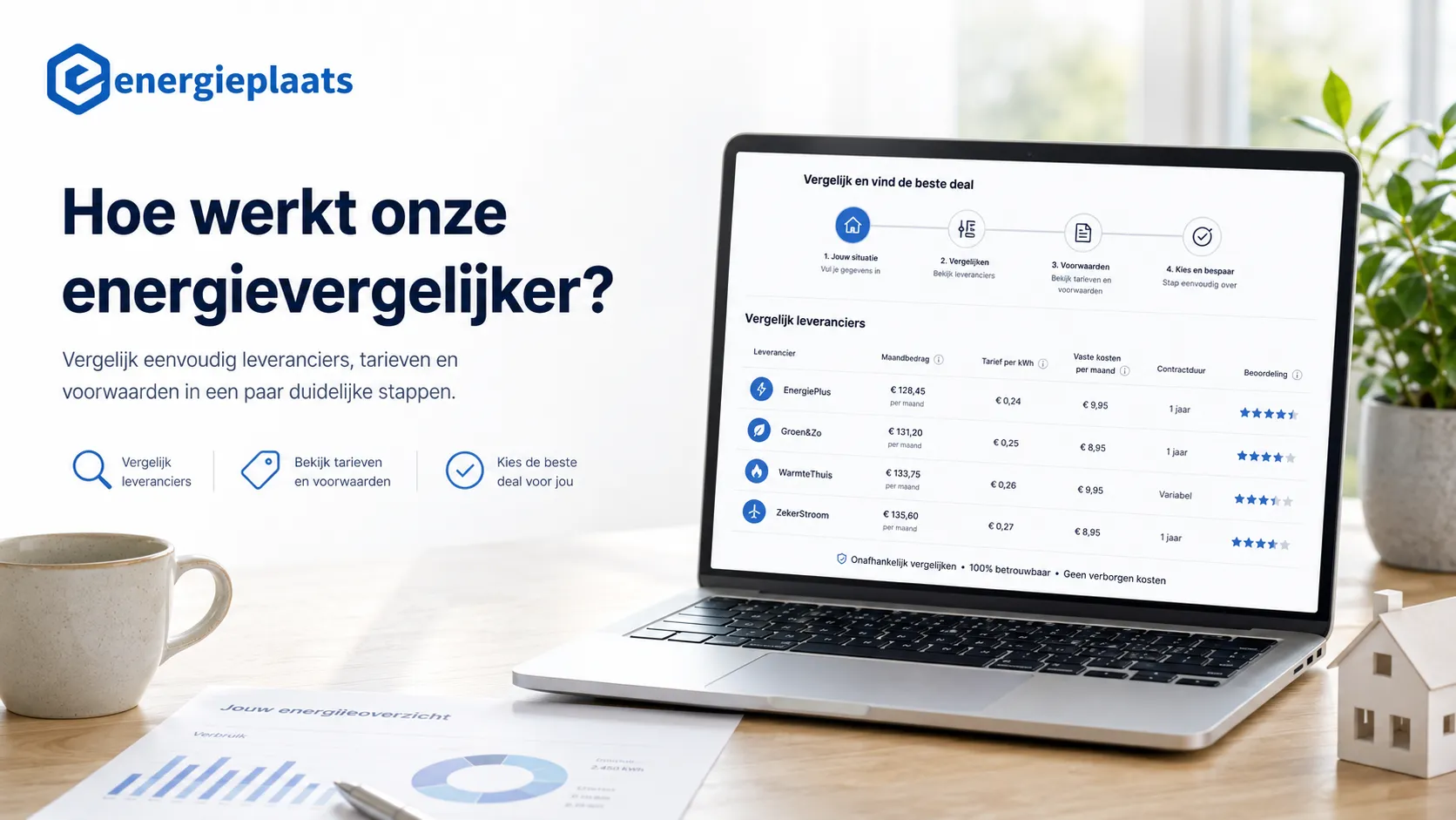 Energieplaats energievergelijker op laptop met stappenplan voor leveranciers, tarieven en voorwaarden vergelijken
