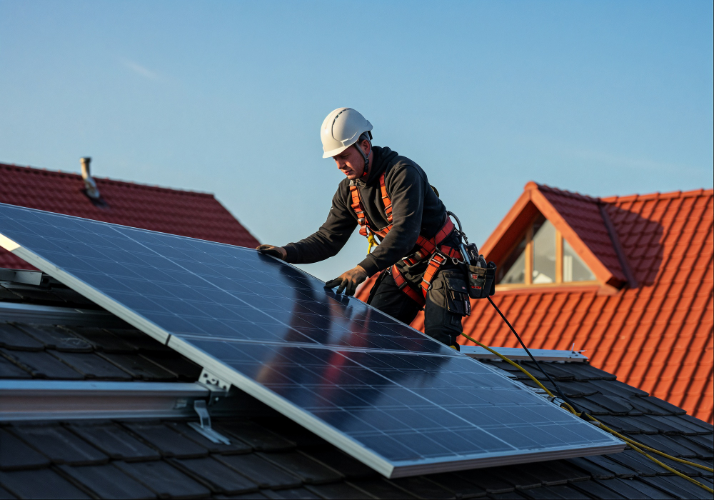 Zonnepanelen installatie op dak van huis