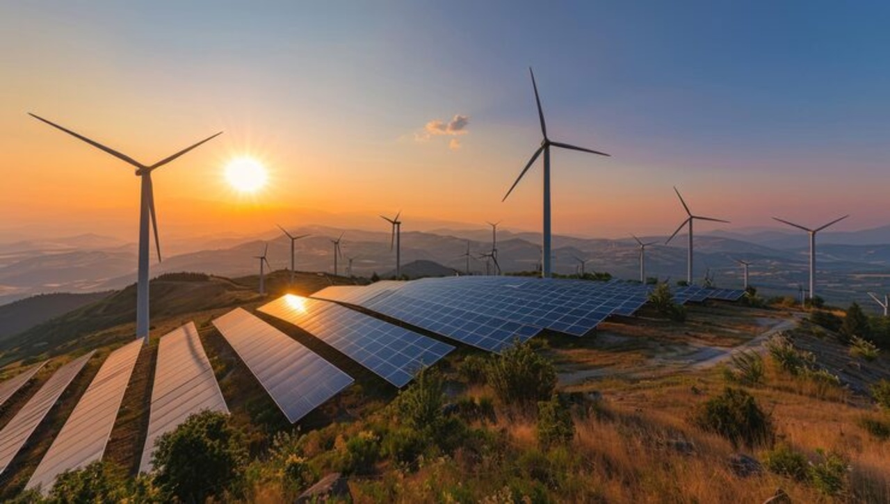 Windturbines in een windpark die duurzame windenergie opwekken