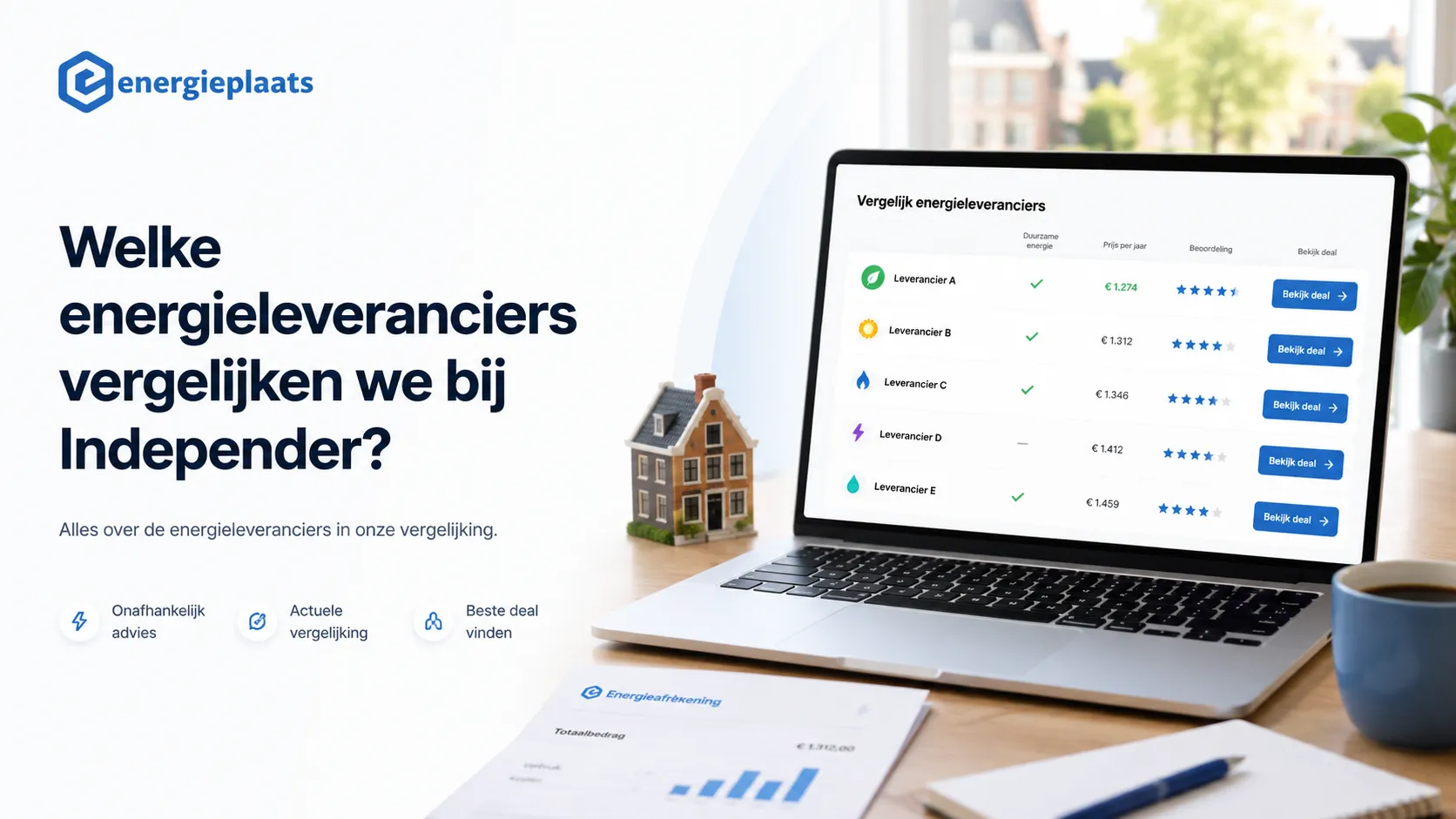 Energieplaats overzicht van energieleveranciers vergelijken met laptop, energierekening en onafhankelijk advies
