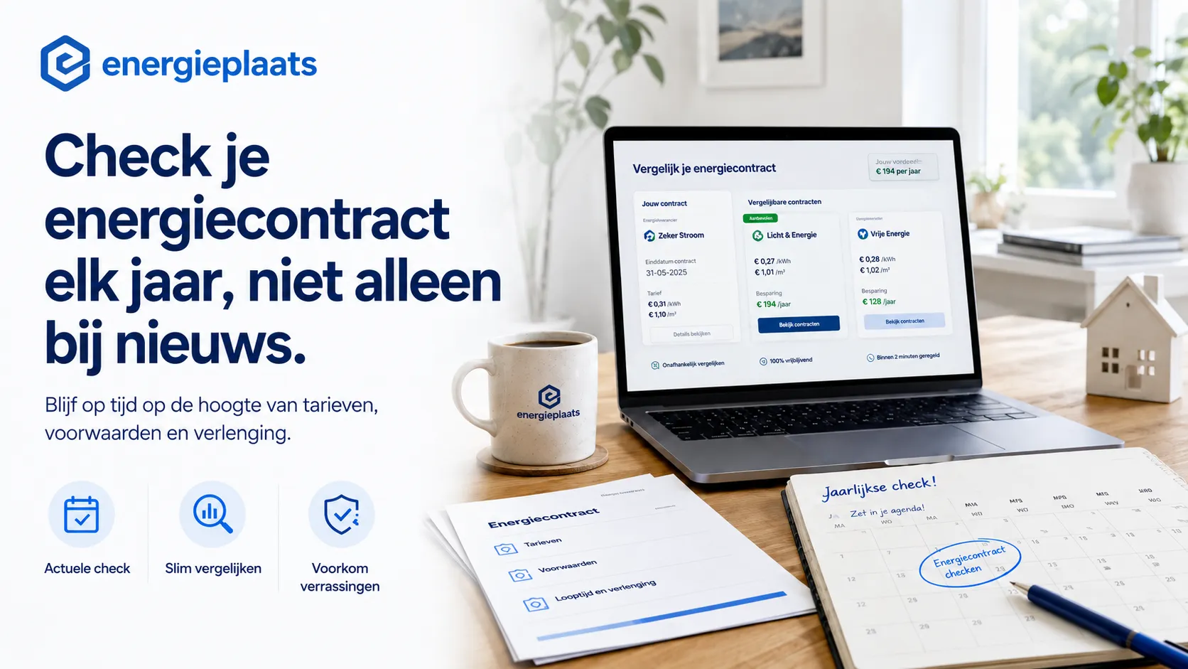 Energieplaats energiecontract jaarlijks controleren met laptop, contractoverzicht, kalender en tarievenvergelijking