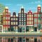 Geanimeerde illustratie van kleurrijke historische grachtenpanden in Amsterdam, met bomen en mensen.