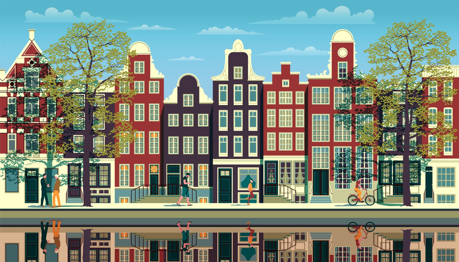 Geanimeerde illustratie van kleurrijke historische grachtenpanden in Amsterdam, met bomen en mensen.