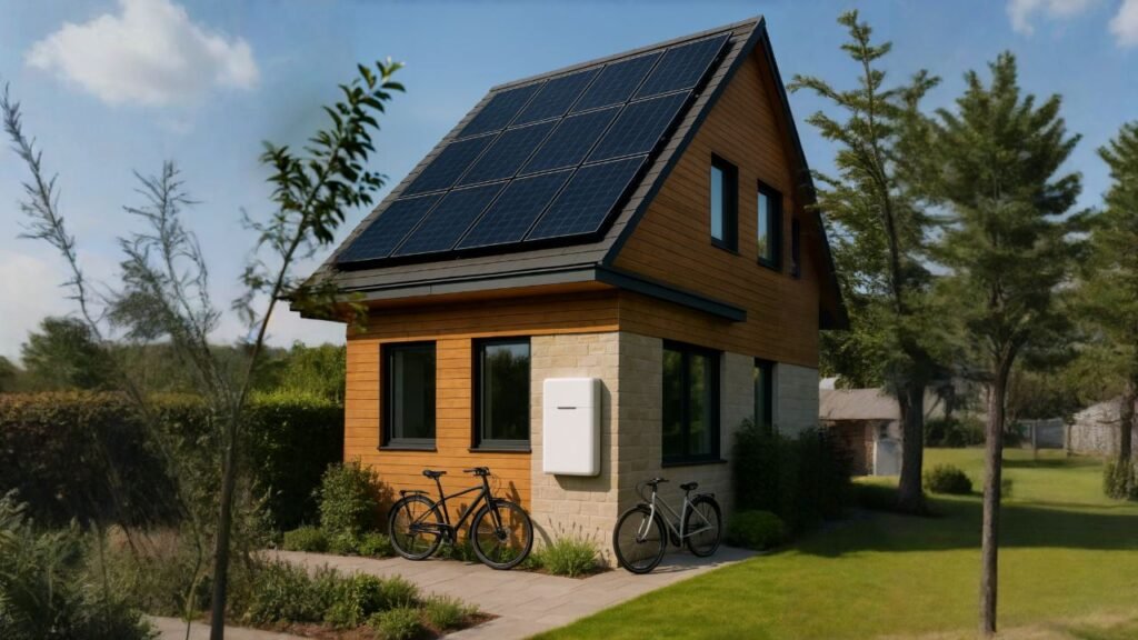Klein, modern huis met zwarte zonnepanelen en een witte thuisbatterij. Duurzame woning met zonne-energie en batterijopslag aan de gevel. Energie-efficiënt huis met zonnepanelen op het dak en een thuisaccu. Modern design huis met geïntegreerde groene energieoplossingen. Compacte woning met zonne-energie en een wandgemonteerde batterij.