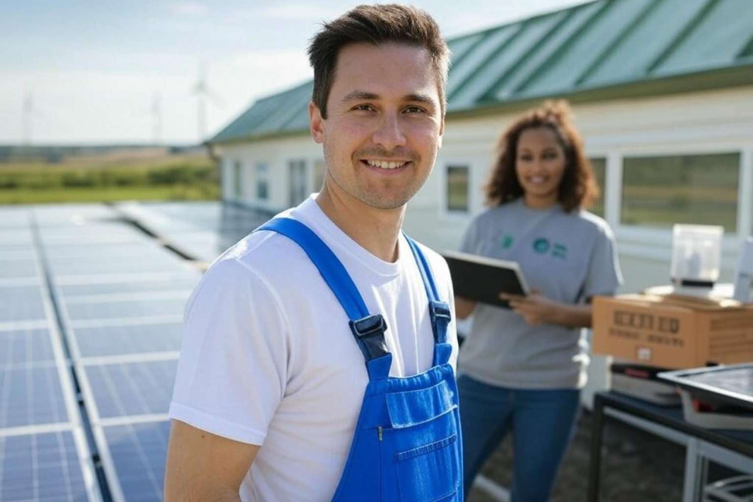 Blije installateur in blauwe overall op een dak vol zonnepanelen, met windturbines in de verte.
