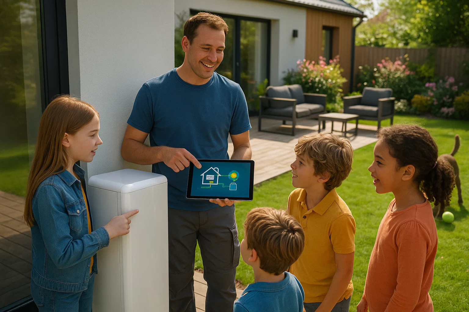 Vader met kinderen bij een energieopslagsysteem, die een smart home app op een tablet toont.