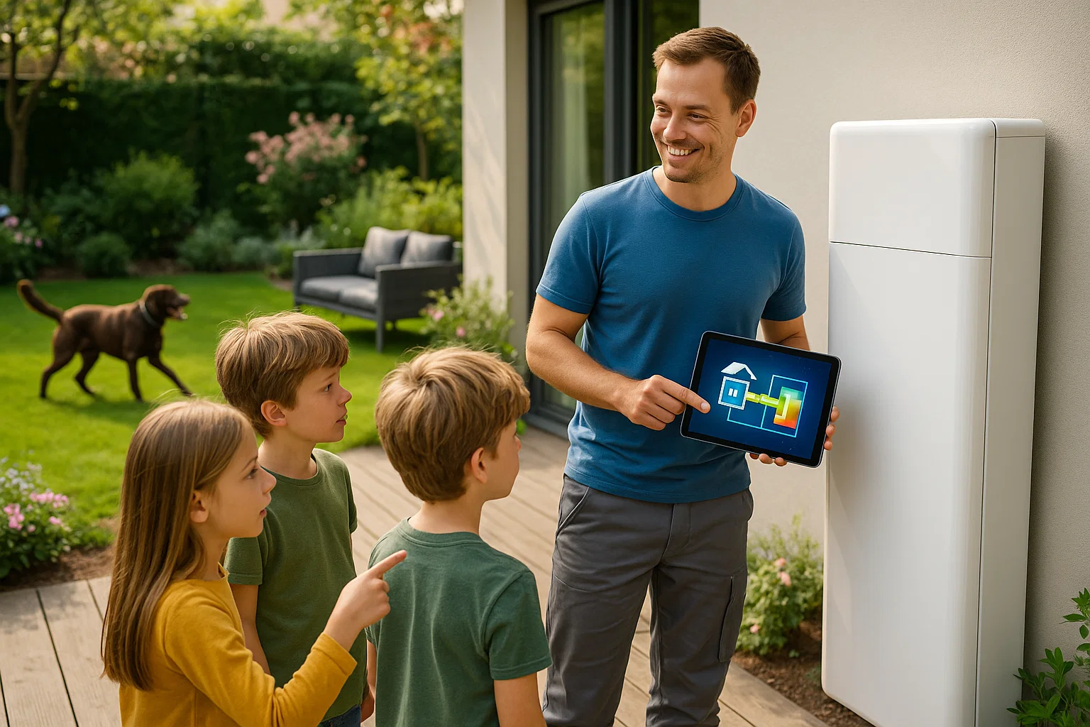 Vader toont kinderen een tablet met energie-app, met een thuisbatterij in een tuin.