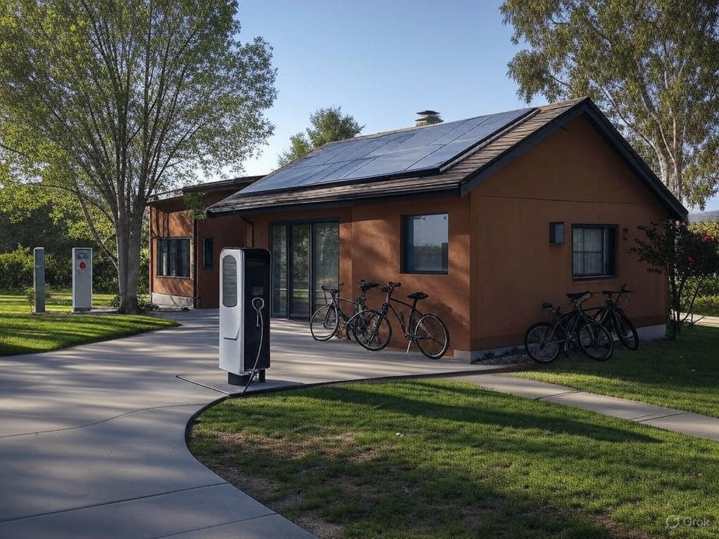 Modern, duurzaam huis met zonnepanelen en elektrische laadpaal. Energiezuinige woning met zonne-energie en laadstation voor elektrische auto's. Duurzaam wonen: huis met zonnepanelen en EV-laadpunt. Toekomstbestendig huis met zonne-energie en laadinfrastructuur. Groene energie voor huis en elektrisch vervoer.