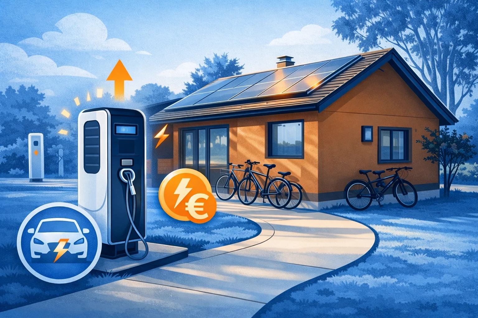 Laadpaal bij huis met zonnepanelen: elektrisch laden en besparen op stroomkosten.