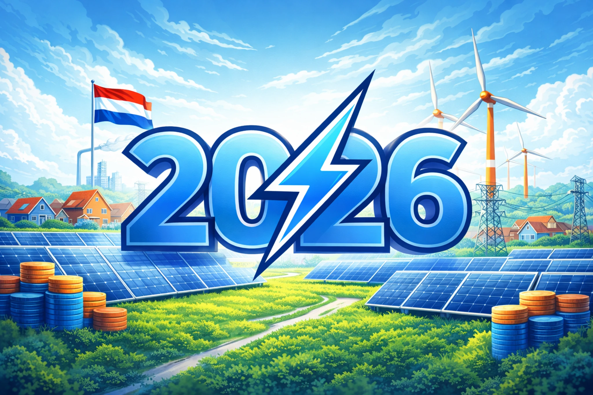Energie in 2026 in Nederland met zonnepanelen, windmolens en stroomicoon.