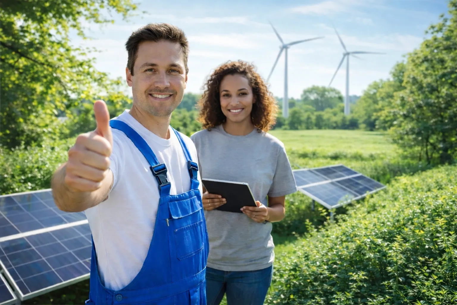 Monteur duim omhoog bij zonnepanelen, met windmolens op de achtergrond.
